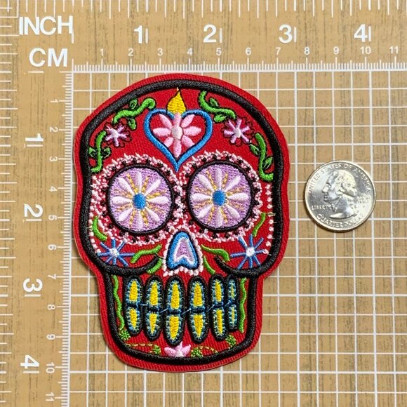 Red Pink Sugar Skull Iron on Patch Embroidered Heart Floral Dia de los Muertos - Picture 2 of 5